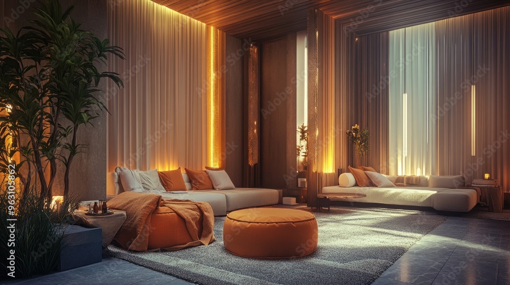 A luxurious room with plush furniture and a serene relaxation area, created in computer graphics with a highly realistic backdrop A luxurious room with plush furniture and a serene relaxation area, created in computer graphics with a highly realistic backdrop