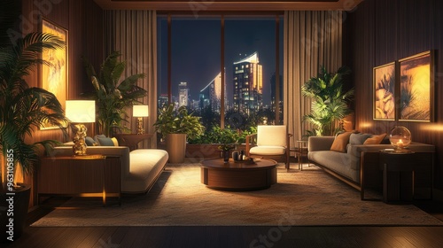 A luxurious room with plush furniture and a serene relaxation area, created in computer graphics with a highly realistic backdrop