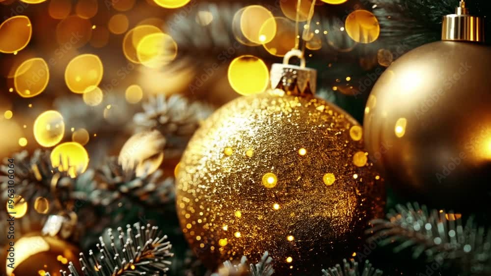Golden Christmas bauble in decorative tree. Fir branch with balls and festive lights on the Christmas background with sparkles. Bokeh light particles. Holiday background Golden Christmas bauble in decorative tree. Fir branch with balls and festive lights on the Christmas background with sparkles. Bokeh light particles. Holiday background