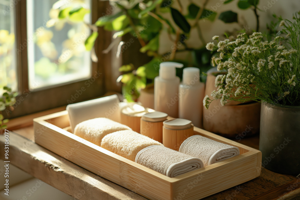A close-up product photography shot of eco-friendly detergent pods and bamboo cloths, arranged in a wooden tray, natural light from a window A close-up product photography shot of eco-friendly detergent pods and bamboo cloths, arranged in a wooden tray, natural light from a window