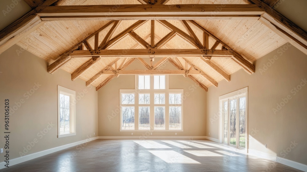 Empty Room with Exposed Wooden Beams and Natural Light Empty Room with Exposed Wooden Beams and Natural Light