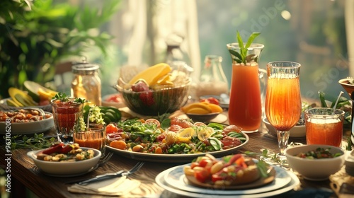 A table full of fresh, healthy meals and drinks, digitally rendered with realistic computer graphics and a lifelike backdrop