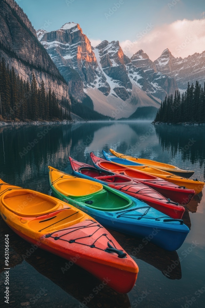 Fototapeta premium Kayak boat in still quiet lake water with snow mountain forest