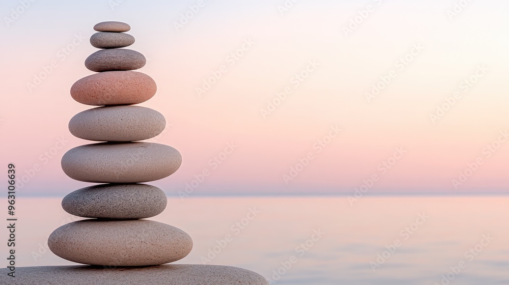Stacked Zen stones create a peaceful focal point on a beach at sunset, surrounded by a tranquil sea and softened by warm evening light Stacked Zen stones create a peaceful focal point on a beach at sunset, surrounded by a tranquil sea and softened by warm evening light