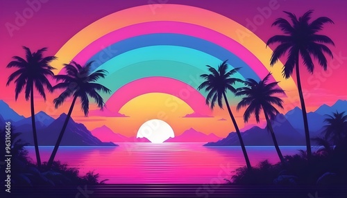 Palm trees and rainbow 80s landscape in vaporwave style. Retrowave vacation background with tropical sunset and palms