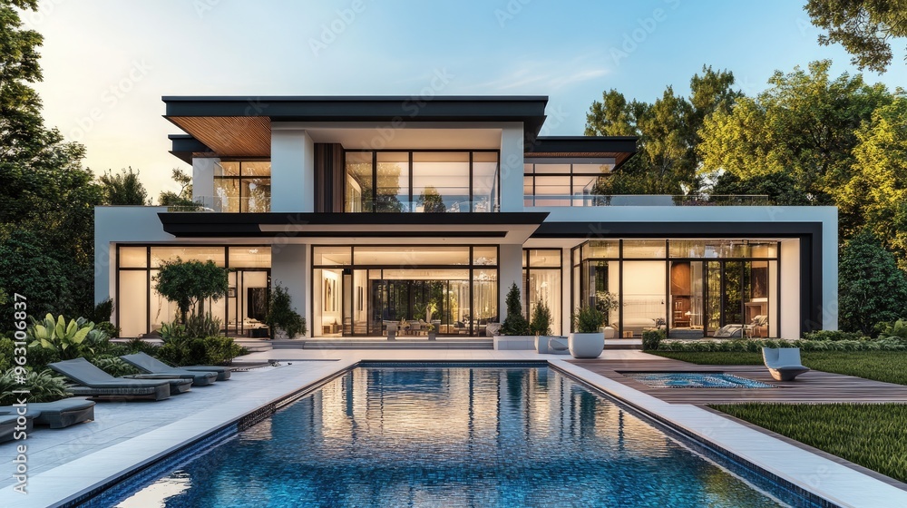 Obraz premium Beautiful modern house with a front swimming pool, depicted in high-detail computer graphics and realistic digital rendering