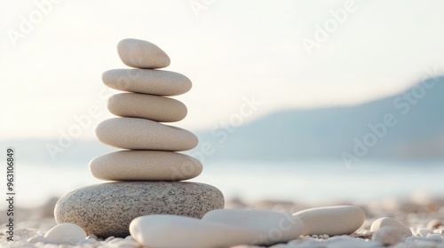 Stacked Zen stones create a peaceful focal point on a beach at sunset, surrounded by a tranquil sea and softened by warm evening light photo