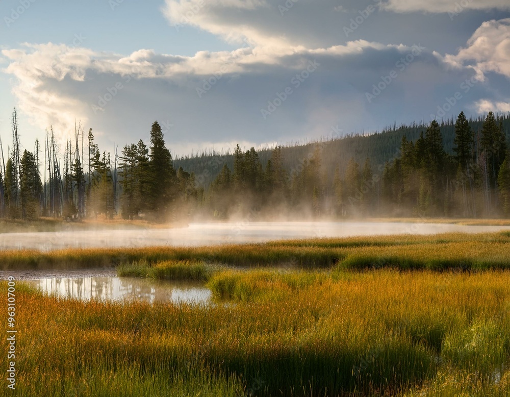 Fototapeta premium Serene Morning Mist in Yellowstone National Park