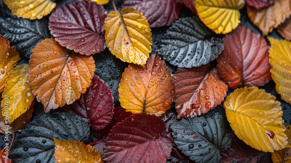 Wet Autumn Leaves in Shades of Yellow, Red, and Orange Wet Autumn Leaves in Shades of Yellow, Red, and Orange