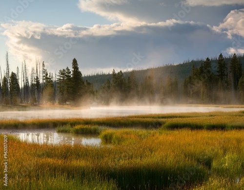 Serene Morning Mist in Yellowstone National Park