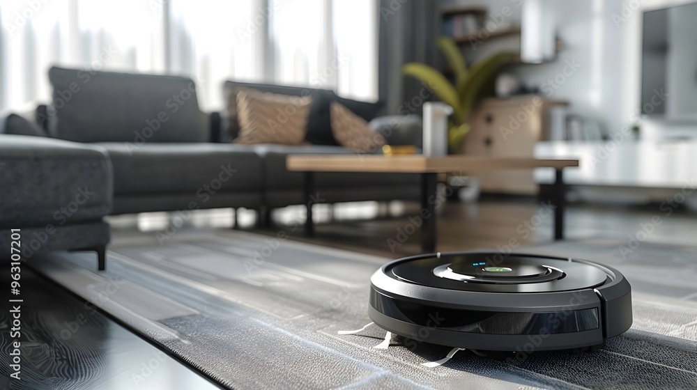 Robotic Vacuum Cleaner Autonomously Cleaning Hardwood and Carpeted Floors in Stylish Modern Home Interior Robotic Vacuum Cleaner Autonomously Cleaning Hardwood and Carpeted Floors in Stylish Modern Home Interior