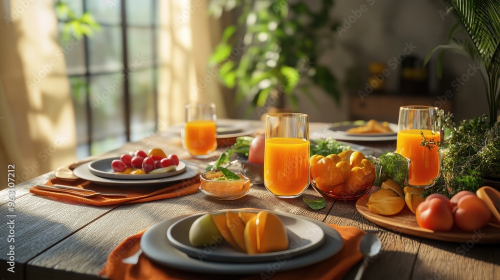 Digital rendering of a table set with vibrant healthy food and drinks, presented with high realism using advanced computer graphics Digital rendering of a table set with vibrant healthy food and drinks, presented with high realism using advanced computer graphics
