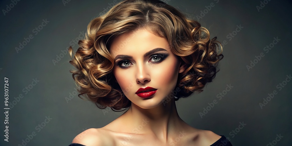 Fototapeta premium With a striking complexion and intriguing gaze, the elegant young woman's curly bob hairstyle adds a playful touch