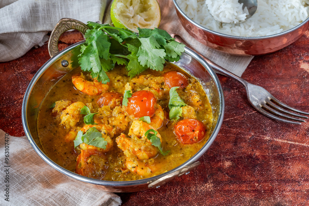 Keralan style prawn, tomato and coconut curry with rice Keralan style prawn, tomato and coconut curry with rice