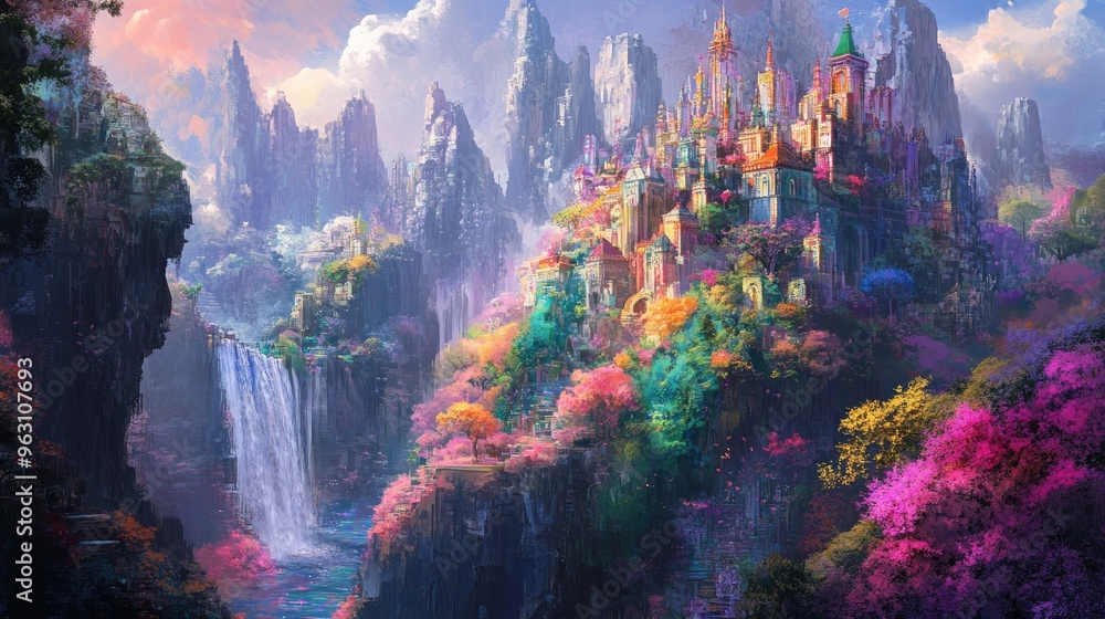 Fototapeta premium Dreamlike world of rainbow-colored buildings, vibrant flowers, and surreal forests blending harmoniously to represent unity and diversity