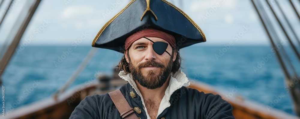 A pirate captain with a tricorn hat and eye patch, standing on the ship ...