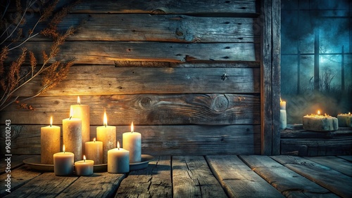 Wallpaper Mural Eerie Isolation Abandoned Rustic Twilight Shadows Flickering Candles Moody Atmosphere Weathered Wood Plank Background Foreboding Dark Mystery Torontodigital.ca