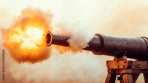 A pirate cannon firing with smoke and fire erupting from the barrel, pirate cannon, firing, smoke