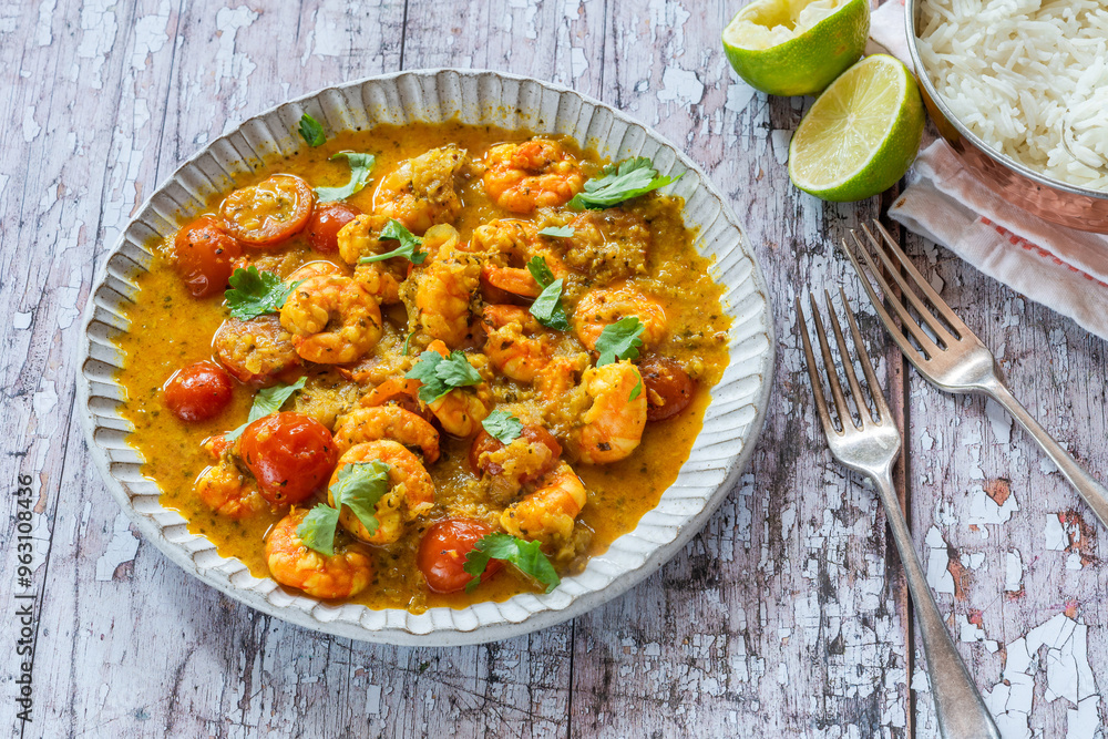 Keralan style prawn, tomato and coconut curry with rice Keralan style prawn, tomato and coconut curry with rice