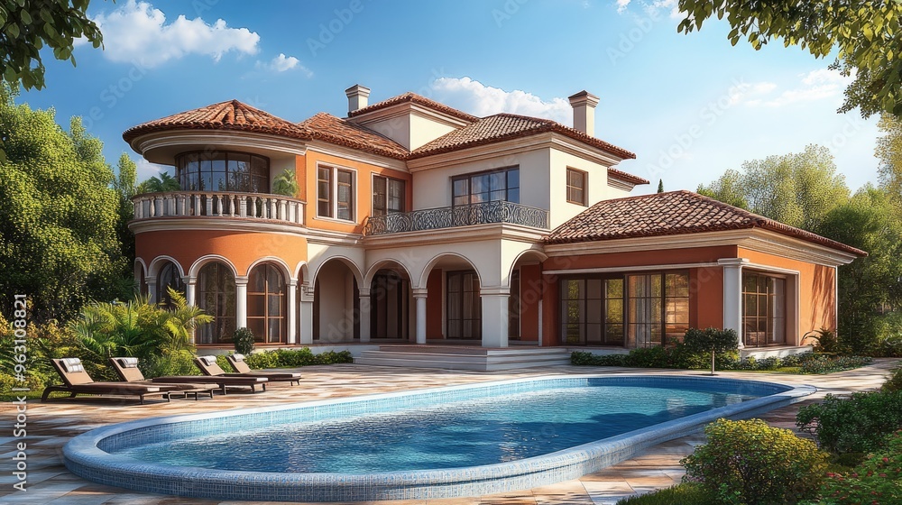 High-quality digital rendering of a beautiful house with a swimming pool in front, set against a realistic background using computer graphics High-quality digital rendering of a beautiful house with a swimming pool in front, set against a realistic background using computer graphics