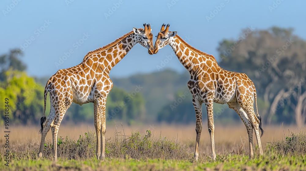 Fototapeta premium Two giraffes necking in a dominance display, their long necks intertwining in battle, [Savannah Wildlife], [Graceful Conflict].