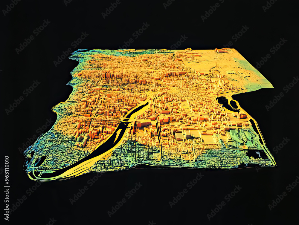 Technical aerial visual, 3D LiDAR GIS aerial map satellite scan model ...