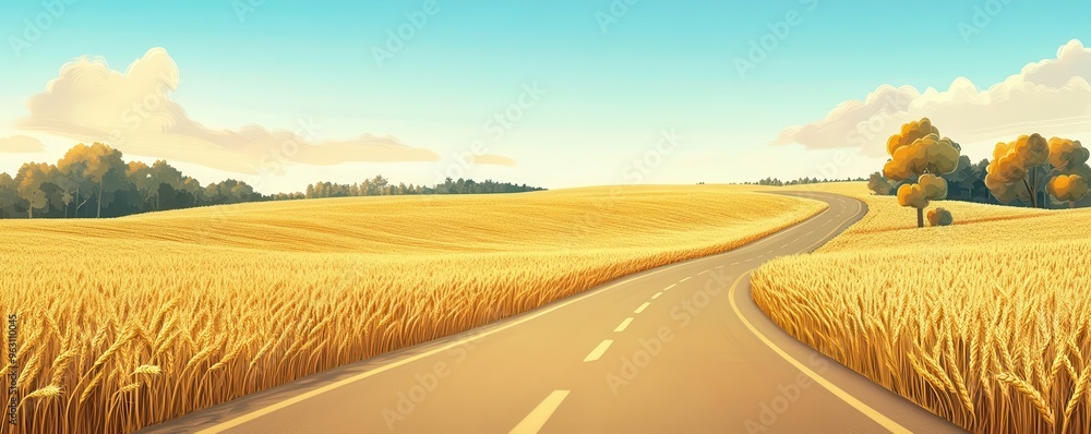 Fototapeta premium Endless country road, wheat fields, flat design, golden tones, animated crops