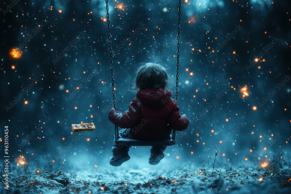A child sitting on a swing alone too tired to play with a half-eaten candy bar in hand A child sitting on a swing alone too tired to play with a half-eaten candy bar in hand