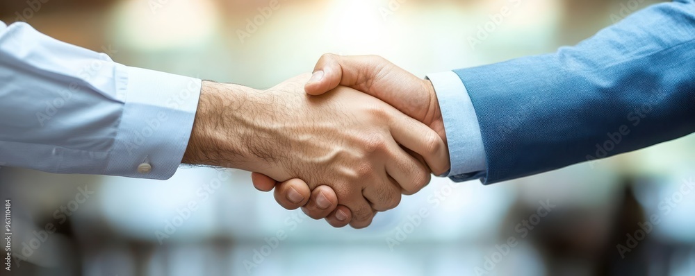 Two business professionals shake hands in a gesture of agreement, symbolizing cooperation and partnership in a corporate environment. Two business professionals shake hands in a gesture of agreement, symbolizing cooperation and partnership in a corporate environment.