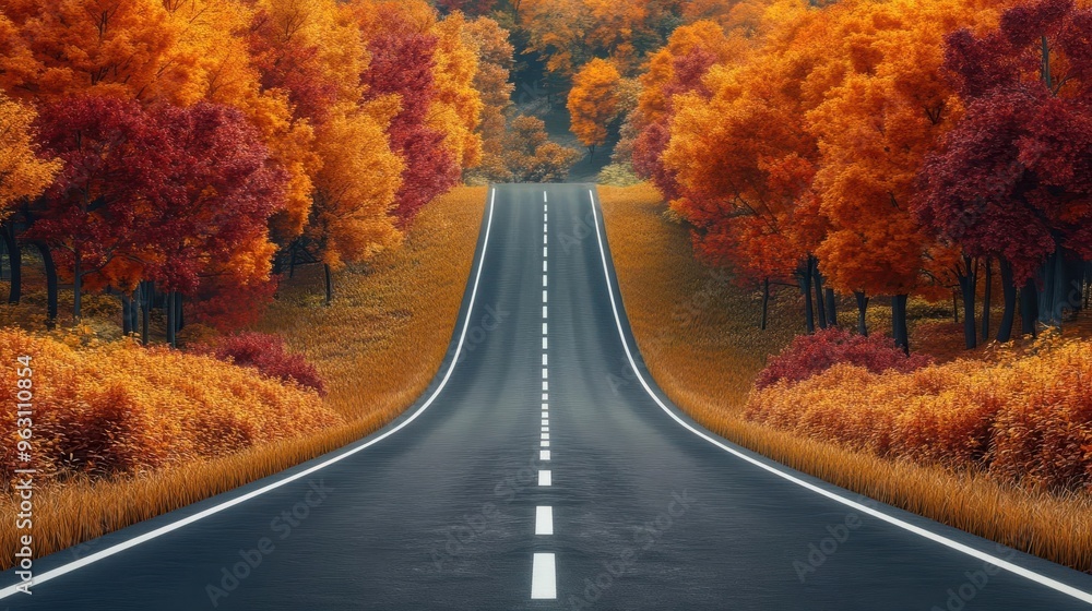 Naklejka premium Endless road, stretching through vibrant autumn forest, colorful foliage, 3D illustration