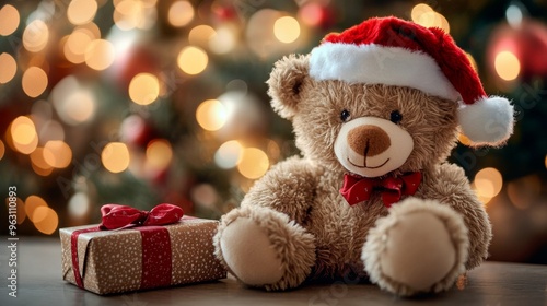 Cuddly Teddy Bear in a Santa Hat With a Gift Near a Decorated Christmas Tree