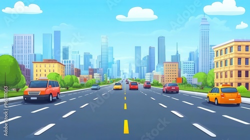 Endless road through a bustling city with animated traffic, flat design, front view