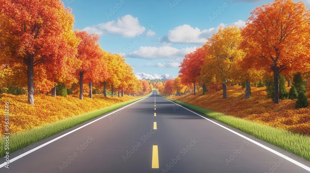 Endless road, vibrant autumn foliage, scenic drive, 3D illustration Endless road, vibrant autumn foliage, scenic drive, 3D illustration