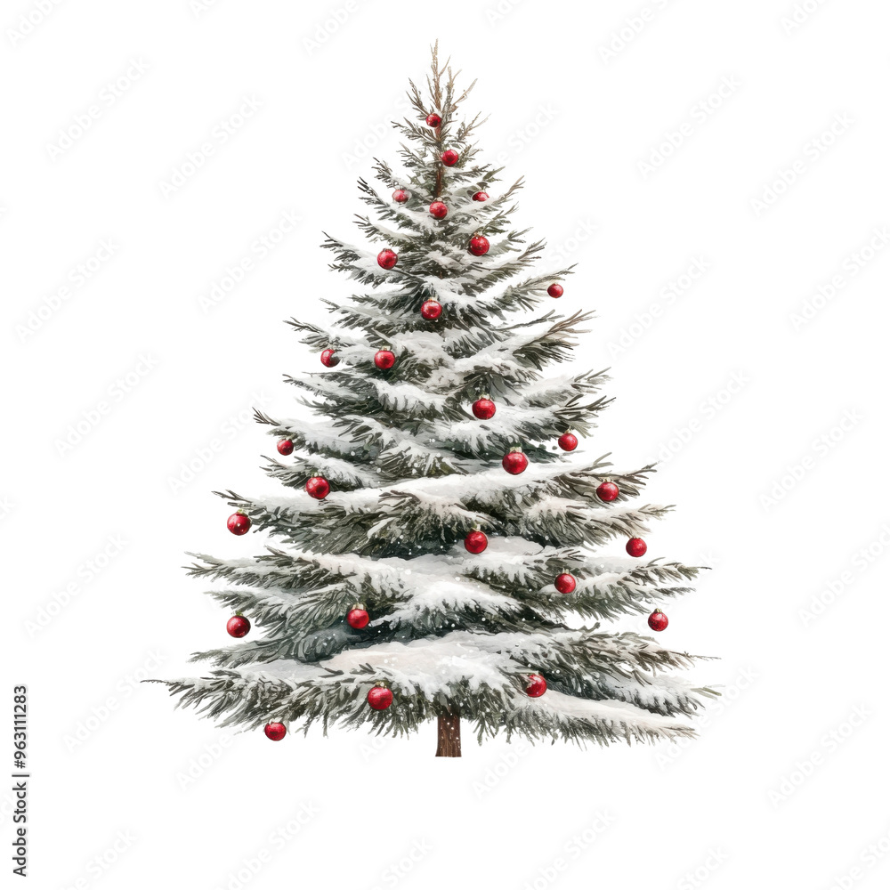Fototapeta premium A beautifully decorated Christmas tree covered in snow and adorned with vibrant red ornaments, perfect for holiday celebrations.