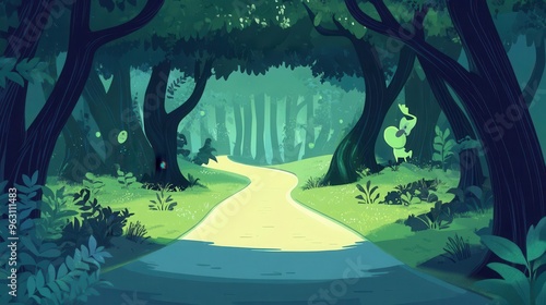 Road through a mystical forest, endless, flat design, deep greens, animated creatures