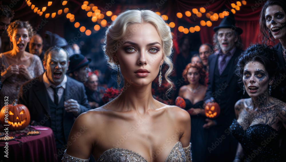 Bellissima donna con vestito elegante ad una festa nella notte di Halloween piena di persone vestite da mostri e personaggi horror, spiriti e fantasmi Bellissima donna con vestito elegante ad una festa nella notte di Halloween piena di persone vestite da mostri e personaggi horror, spiriti e fantasmi