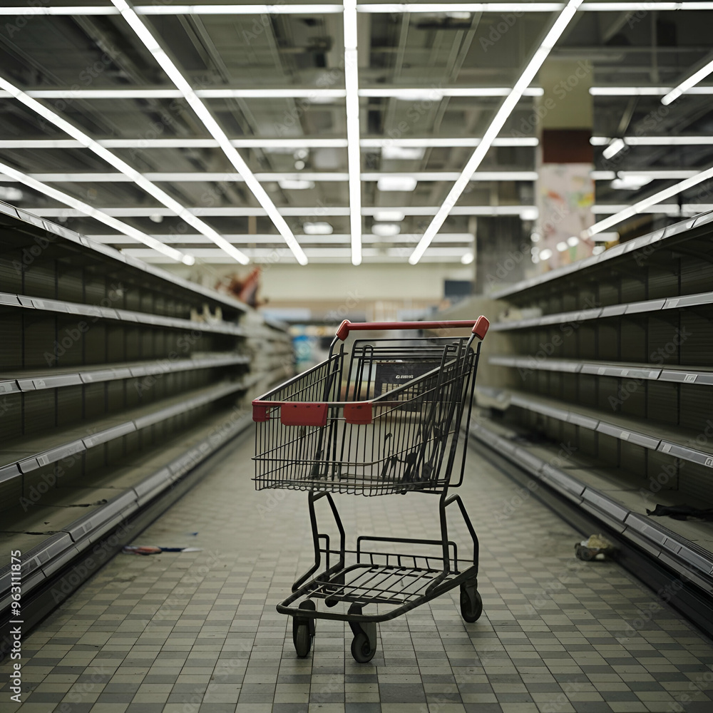 Empty Shopping Aisle and Abandoned Cart in Brightly Lit Store, Desolate Shelves Representing Economic Crisis, Supply Shortages, Retail Collapse, and Consumer Scarcity Empty Shopping Aisle and Abandoned Cart in Brightly Lit Store, Desolate Shelves Representing Economic Crisis, Supply Shortages, Retail Collapse, and Consumer Scarcity