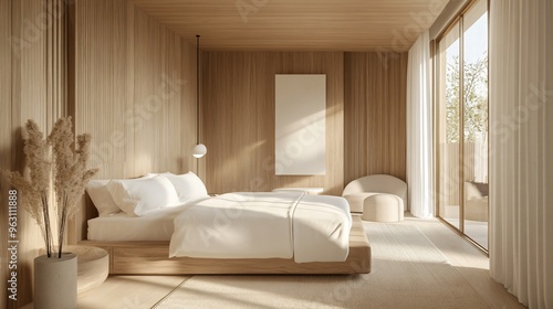 Minimalist Bedroom Interior Design with Wooden Walls White Bedding and Natural Light