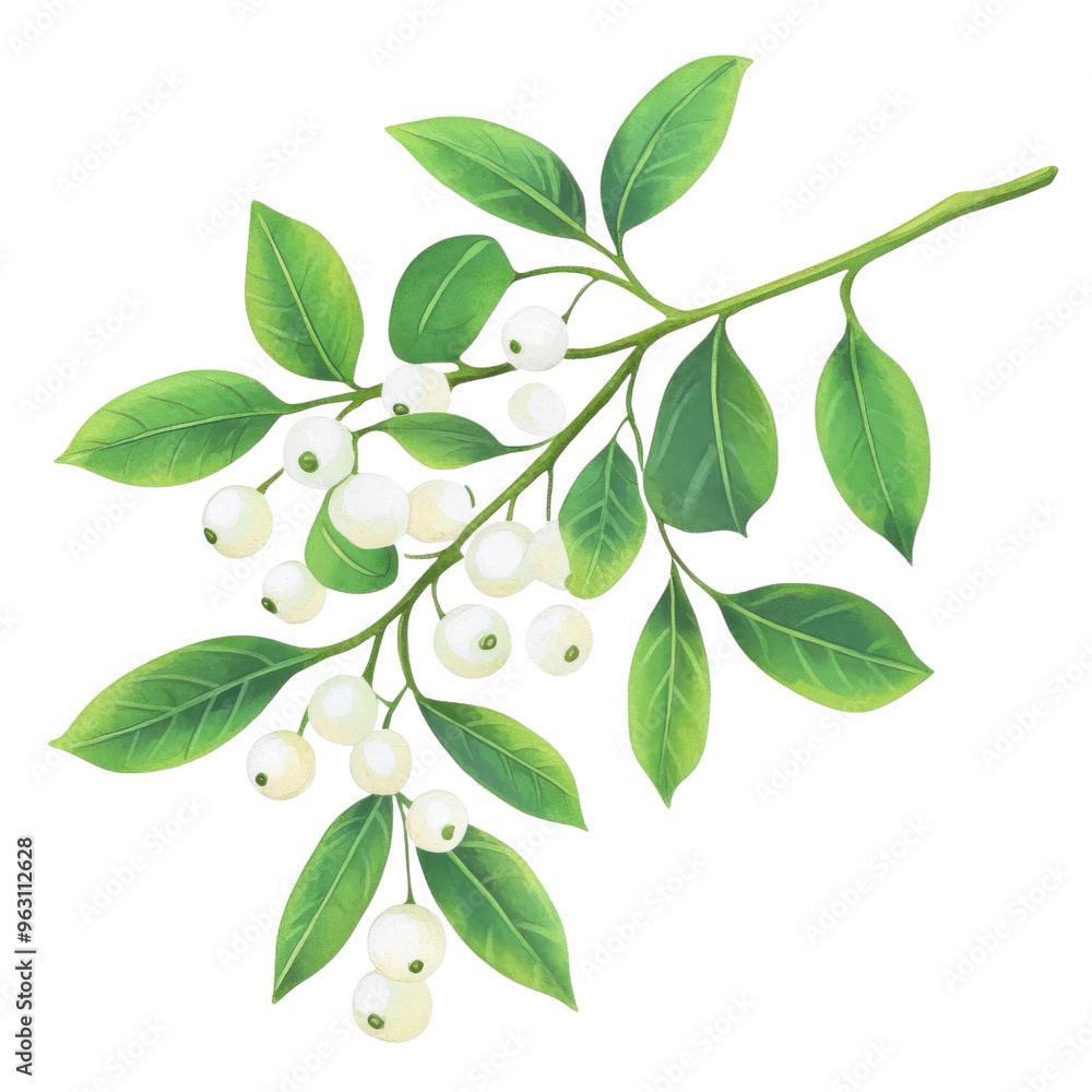 A vibrant illustration of a branch featuring white berries and lush green leaves, perfect for botanical designs. A vibrant illustration of a branch featuring white berries and lush green leaves, perfect for botanical designs.
