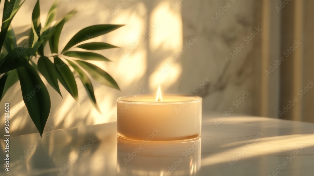 Lit candle on marble surface with plant Lit candle on marble surface with plant
