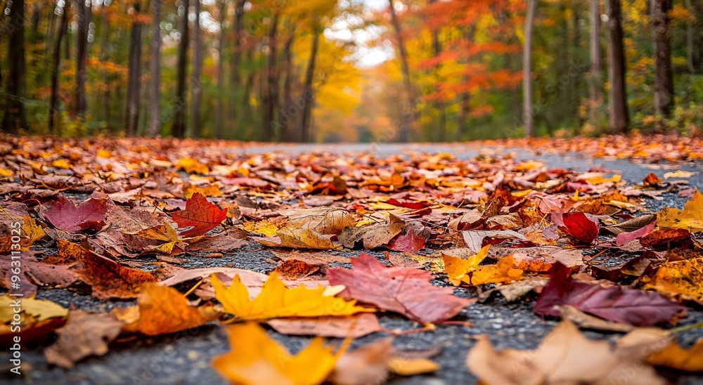 Vibrant autumn leaves blanket a winding road in a peaceful forest during the peak of fall foliage Vibrant autumn leaves blanket a winding road in a peaceful forest during the peak of fall foliage