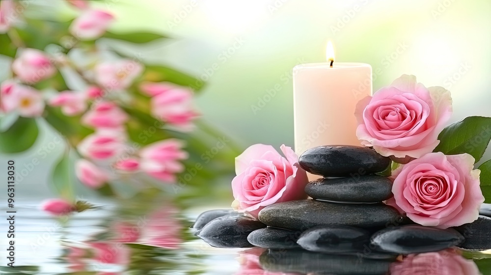 Soft pink roses and smooth black pebbles surround a lit candle, forming a peaceful spa setting that reflects tranquility in calm water for a romantic ambiance Soft pink roses and smooth black pebbles surround a lit candle, forming a peaceful spa setting that reflects tranquility in calm water for a romantic ambiance
