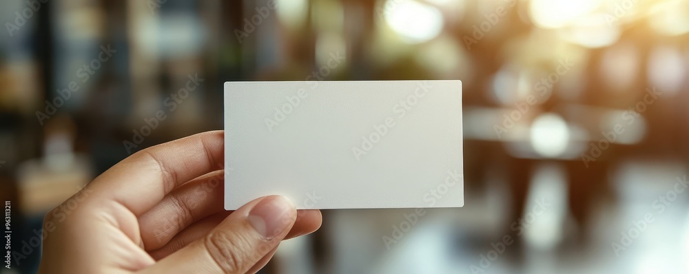 A blank business card held in a hand, perfect for showcasing personal branding or contact information in a professional setting. A blank business card held in a hand, perfect for showcasing personal branding or contact information in a professional setting.