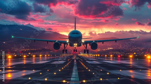 A plane lands at the airport against the backdrop of sunset, mountains and lights on the runway. photo