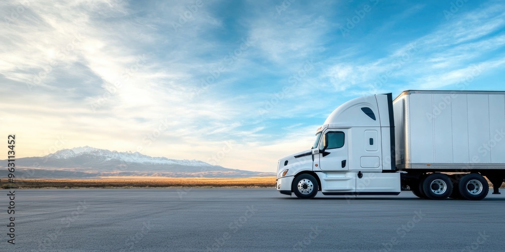 Fototapeta premium Large white semi truck on the road with beautiful nature and mountains in the background