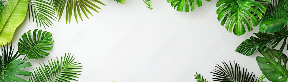 Obraz premium A beautiful arrangement of tropical leaves creating a natural frame on a clean background, perfect for various design projects.
