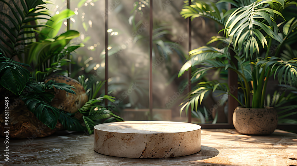 A small, round stone pedestal sits in front of a lush green plant A small, round stone pedestal sits in front of a lush green plant