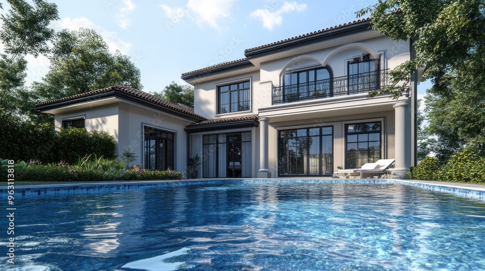 Fototapeta premium A beautiful house with modern architecture, featuring a swimming pool in front, digitally rendered with realistic computer graphics