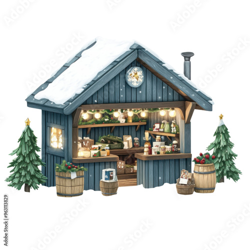 Charming winter market stall decorated with lights and surrounded by snow-covered trees, perfect for festive holiday scenes.