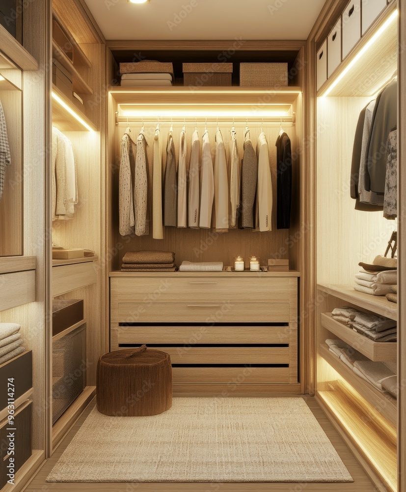 Elegant walk-in closet with organized clothing in soft lighting Elegant walk-in closet with organized clothing in soft lighting